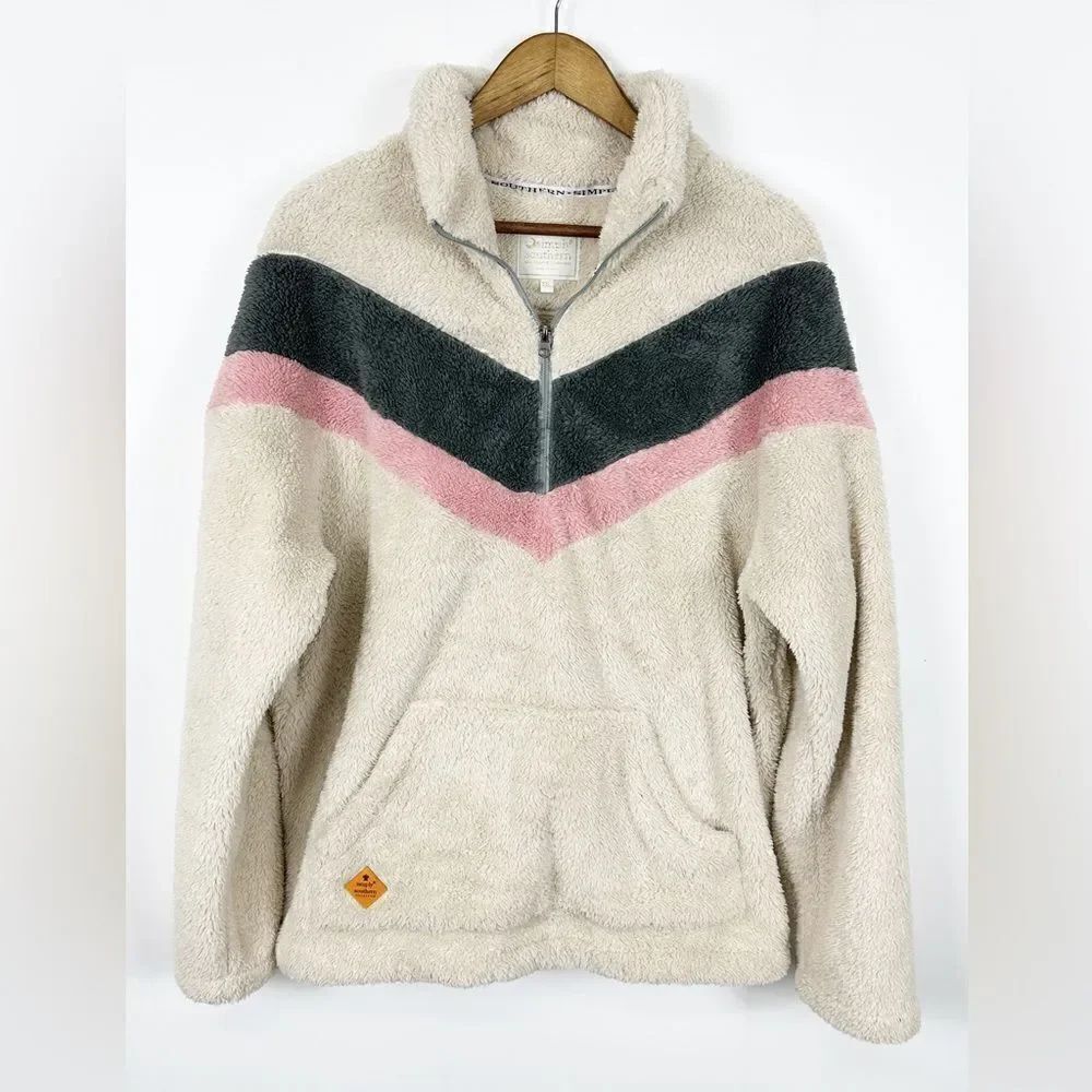 Simply Southern 1/4 Zip Sherpa Pullover Retro Cream Stripe Size XXL